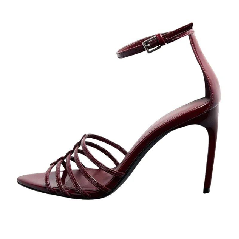 Sexy Burgundy Narrow Band High Heel Sandals Women Fashion Ankle Strap Buckle Thin Heel Designer Shoes Elegant Zapatos De Mujer