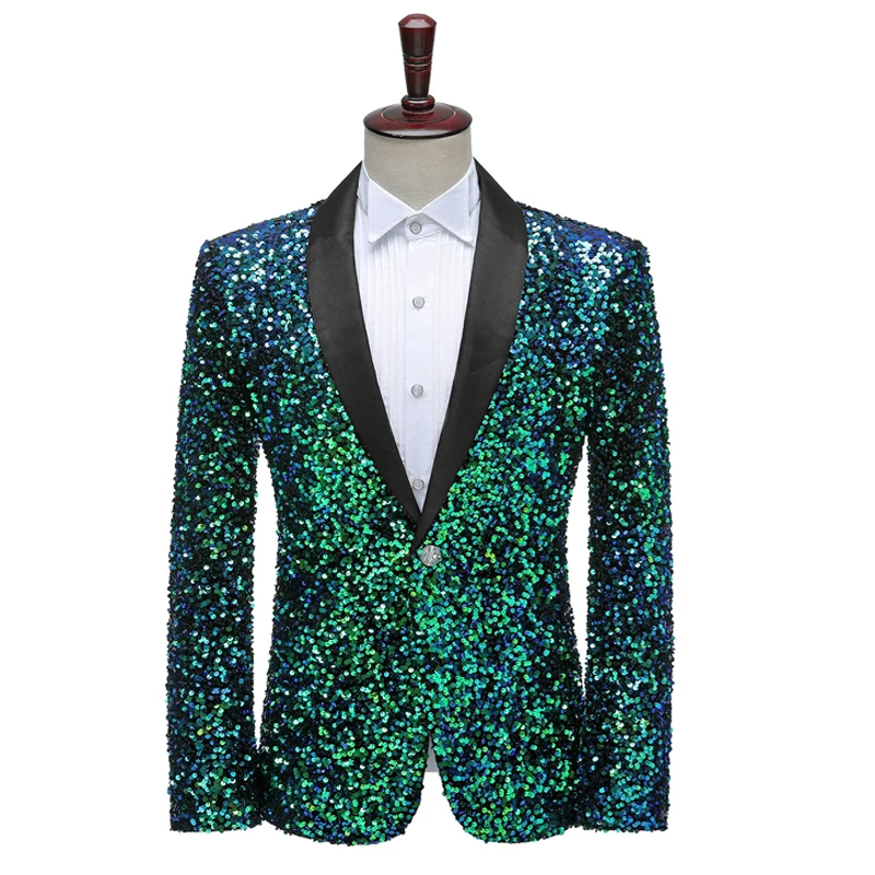 Luxury suit sequined jacket in blue, white, green, jacket with shiny shawl lapel，single blazer，for stage graduation dress