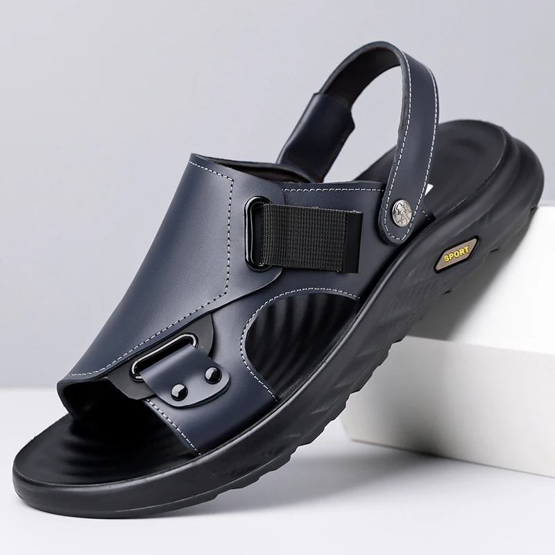 

Men's 2 Ways Wear Leather Sandals Summer Casual Non-slip Beach Slippers Outdoor Walking Shoes for Male Blue Casual Shoes