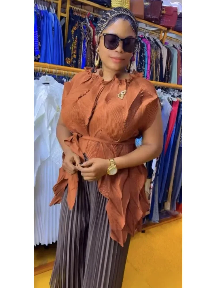 2025 African Miyake Pleated Splicing Set Solid Color One-word Collar Top + Wide-leg Pants Loose Two-piece Set Summer New Women's - view 4