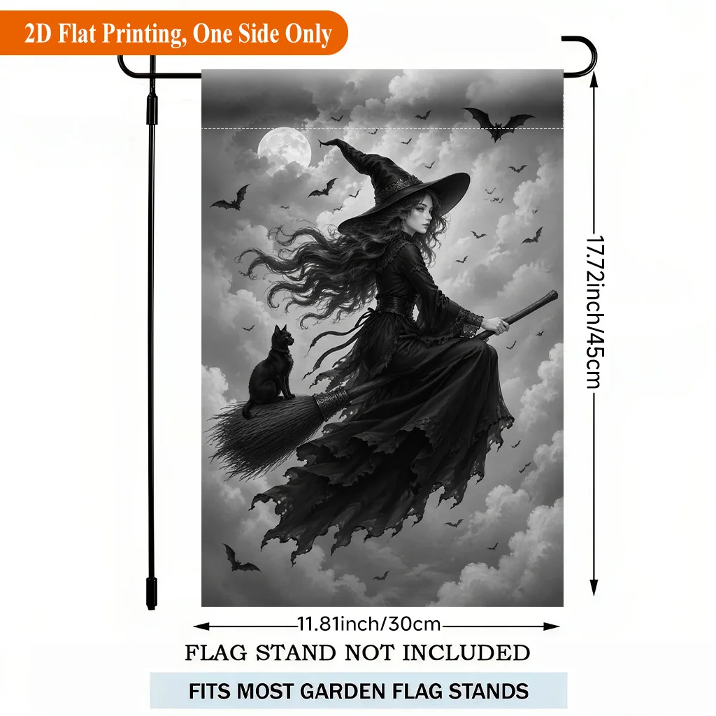 2D Flat Garden Flag 1 Piece, Witch Riding Broom Flying Night Sky Single-Sided Polyester Garden Flag, Holiday Yard Outdoor Flag, Suitable for Outdoor Home and Yard Holiday Decoration, Valentine's Day, Mother's Day, St. Patrick's Day, Easter, Christmas