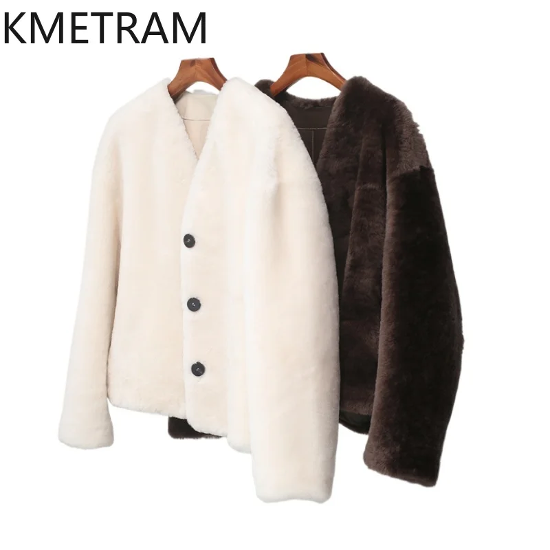 

100% Natural Merino Wool Sheepskin Double Faced Fur Coat Woman V-neck Short Real Fur Jacket Women Winter Clothes 2025 Fourrure