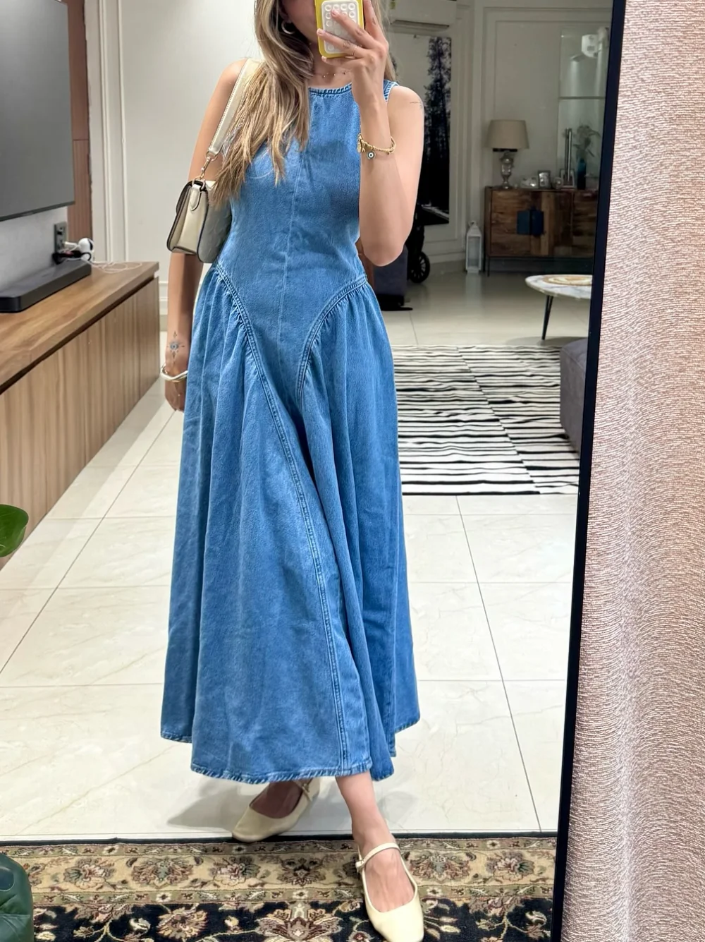 

Sexy denim chic women's solid color round neck sleeveless hollow pleated long skirt new fashion retro summer vacation dress