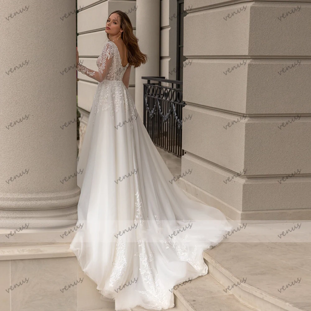 Vestidos De Novia Vintage con abertura alta, trajes De Novia con apliques De encaje, línea A, mangas completas para fiesta Formal