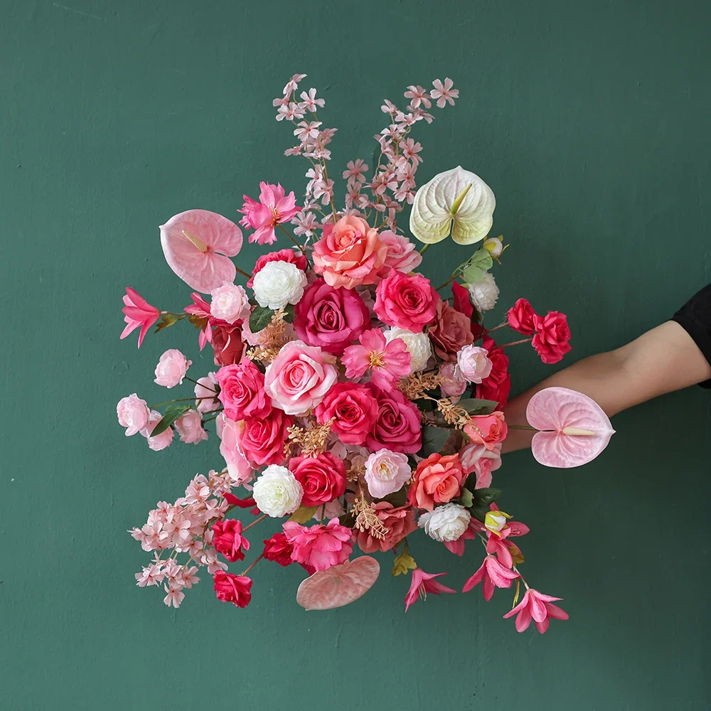 

Hot Pink Colors Artificial Rose Anthurium Floral Arrangement for Party Home Backdrop Decor Customized Wedding Decorations