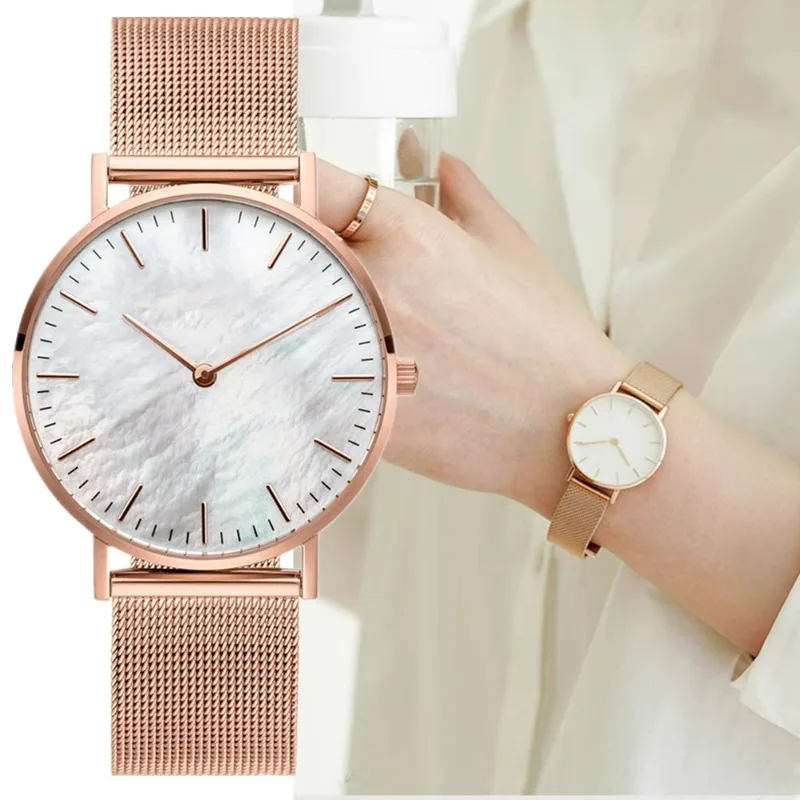 Fashion Women's Quartz Watch Minimalist Shell Pattern Dial Metal Mesh Strap Ladies Wrist Watch Luxury Clock Gift for Woman Girls