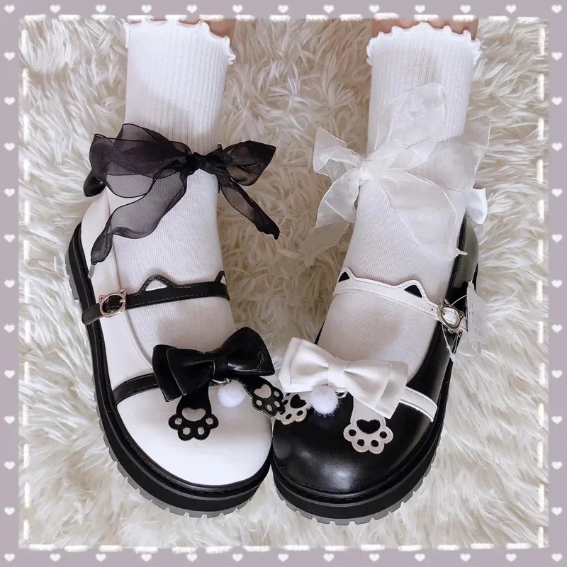 

Lolita Shoes bow flat bottom JK shoes Anime Cat Paw Design Harujuku Kawaii Cute Girls Jk Platform Shoes For Women Halloween