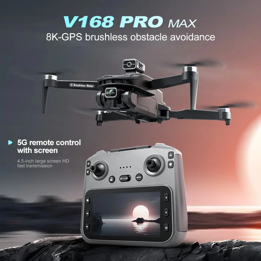 โดรนรุ่นใหม่ V168 MAX PRO ระบบระบุตำแหน่ง GPS กล้องระดับมืออาชีพ 8K HD 5G WIFI FPV ระบบป้องกันการชนแบบไร้แปรงถ่าน โดรนควบคุมระยะไกลแบบควอดคอปเตอร์