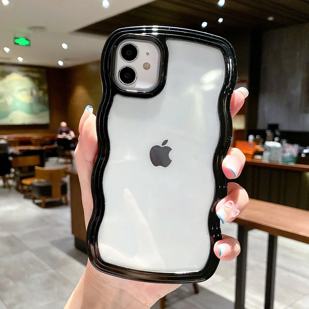 Funda de teléfono transparente a prueba de golpes con borde ondulado de Color caramelo para iPhone 14, 15 Plus, 11, 12, 13 Pro Max, X, cubierta trasera protectora suave