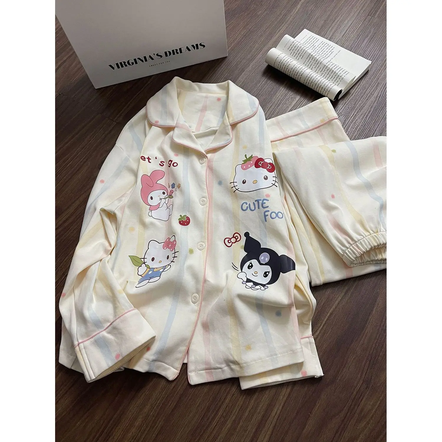 

Женский пижамный комплект Hello Kitty с милым мультяшным принтом в полоску, весенне-осенний, с длинными рукавами и брюками, мягкий и удобный, для дома и отдыха