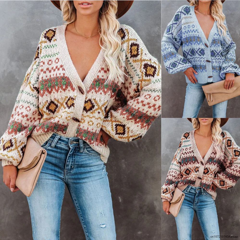 

Women's Retro Knitted Sweater 2023 Fashion Winter New National Style Loose Sweater Women Casual V Neck Cardigan Sweater Coat