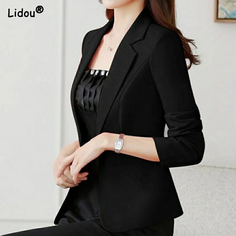 Pockets Button Skinny Notched Thin Spring Summer Solid Color Blazers Formal Office Lady Elegant Fashion Casual Women\'s Clothing