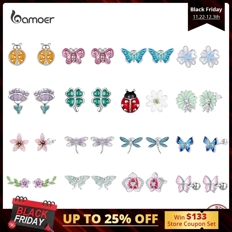 Bamoer 100% 925 Sterling Silver New Blue Pink Butterfly Flower Stud Earrings for Girl Insect Earrings Fine Wedding Jewelry Gift