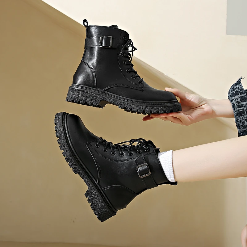 Minimalist Lace-up Combat Women Boots 4.5cm Chunky Heel Platform Women Boots British Style Thick Sole Increase Height Casual Boo