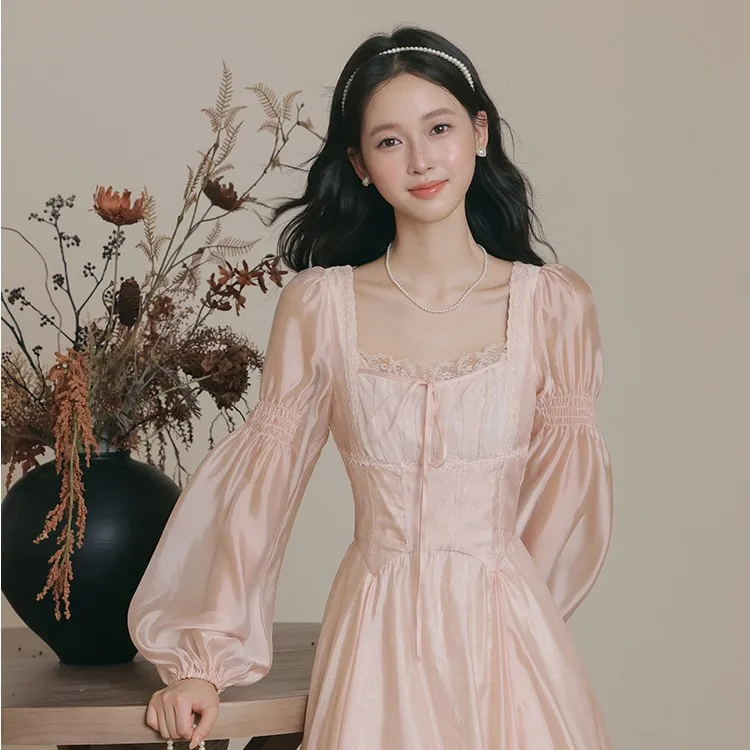 

New Autumn Sakura Waving Artistic Retro French Style Beautiful Lace Mesh Cinched Dress
