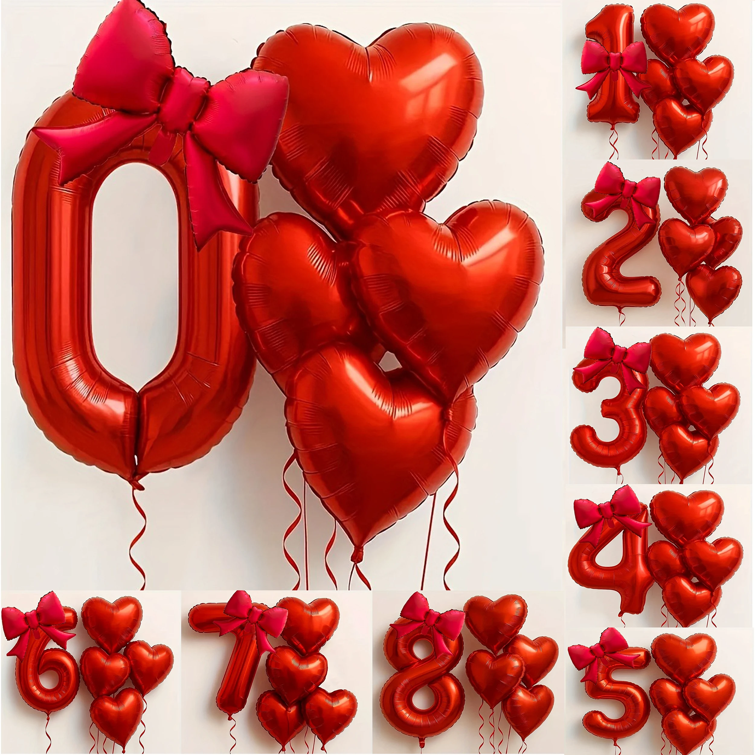 6 قطع/مجموعة بالونات من رقائق القلب الأحمر مع أرقام وشرابات على شكل فيونكة لديكور أنيق لذكرى الزفاف وأعياد الميلاد #1