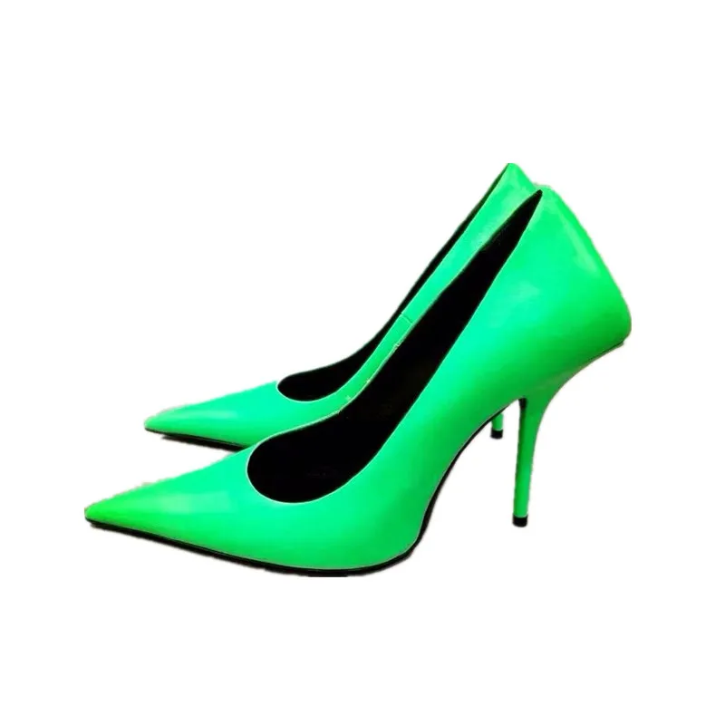 Sharp toe shoes new autumn internet celebrity ins fluorescent green sexy high heels thin heel white single shoes for women