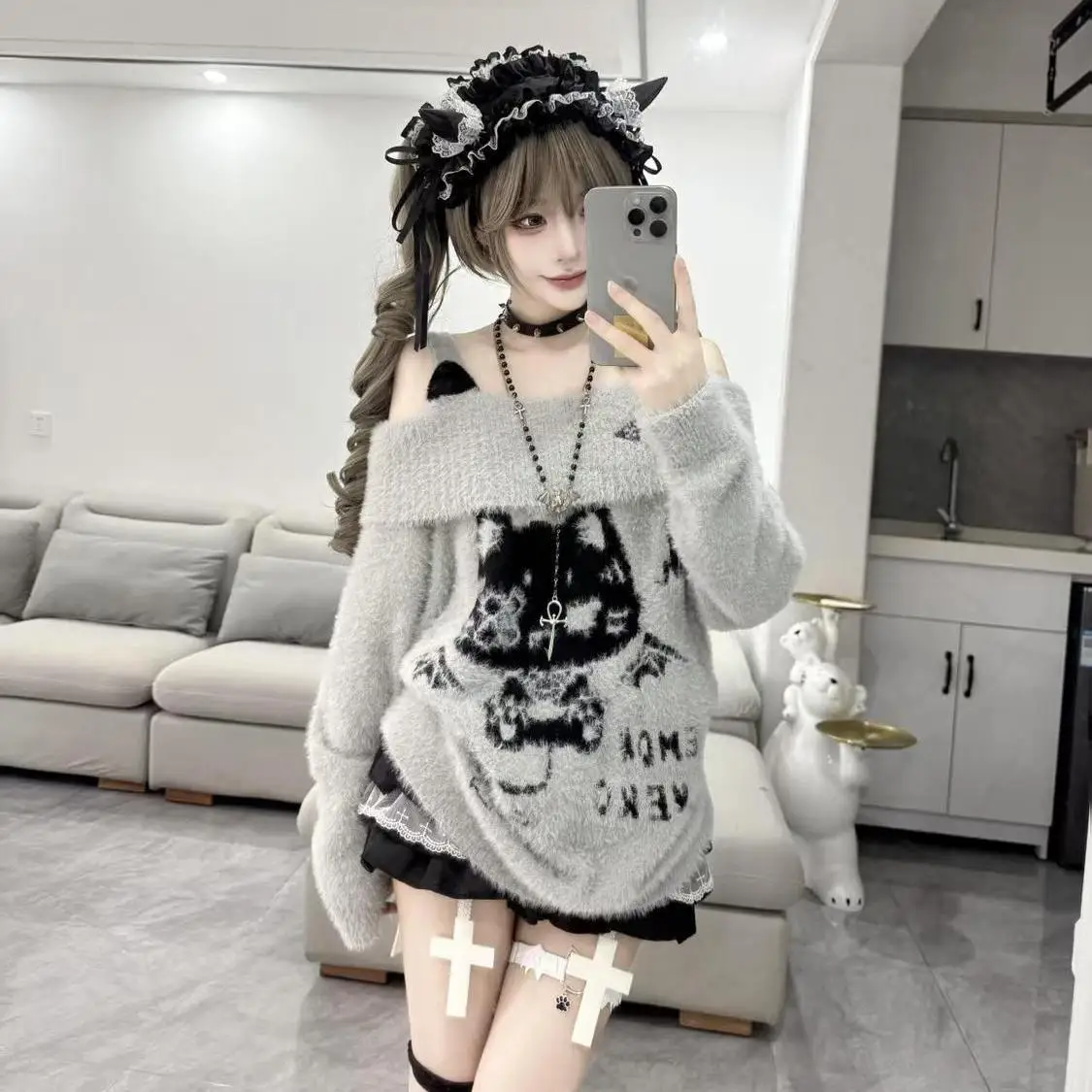 

Свитер Sanrio Hello Kitty для женщин, с длинным рукавом, весенне-осенний, с мультяшным принтом, вязаный, в стиле каваи, для девочек, милый, в стиле Y2K