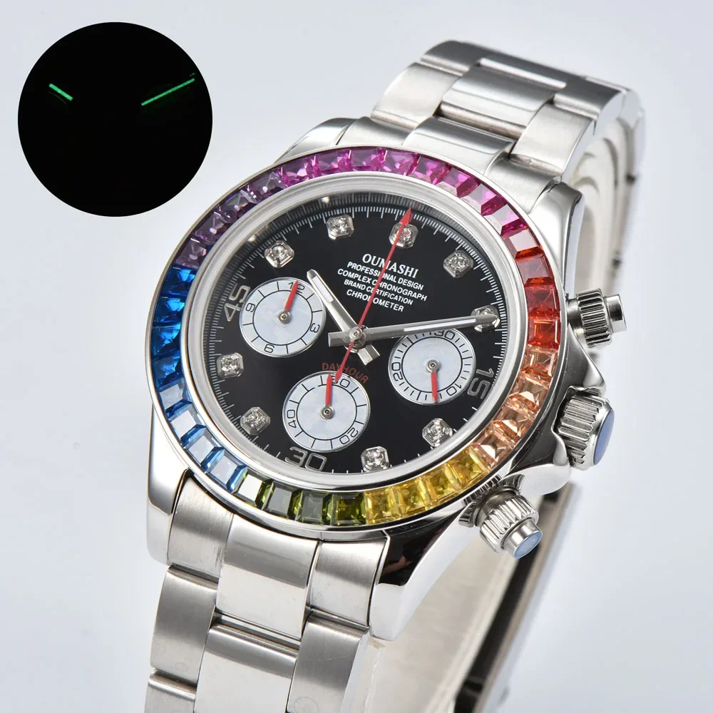 นาฬิกาควอตซ์ VK63 หรูหราสำหรับผู้ชาย ขนาด 39.3 มม. พร้อมขอบหน้าปัดประดับเพชรและหน้าปัดประดับคริสตัล สายสแตนเลสสตีล 316L สามารถสั่งทำโลโก้ได้