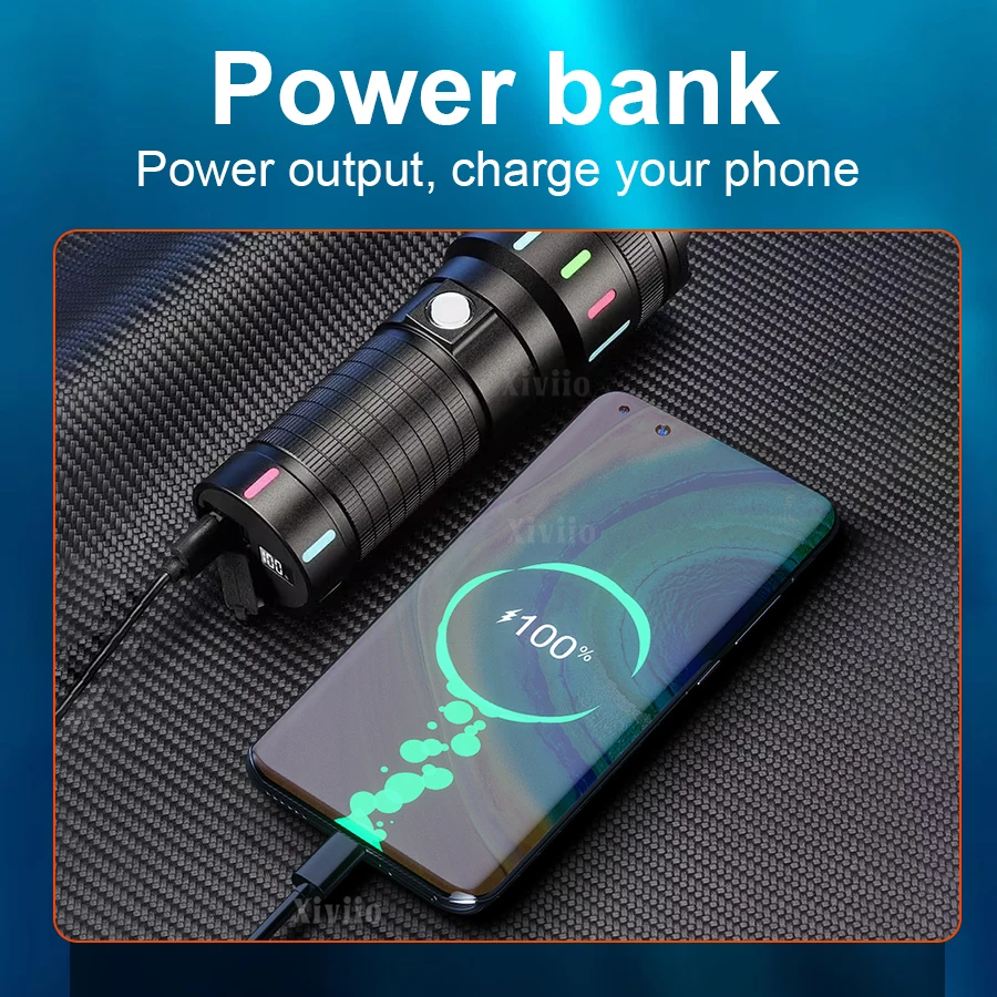 High Power Tactical Torch Most Powerful Rechargeable LED Flashlight Long Shot Lantern for Camping Outdoor Built-in 26650 Battery