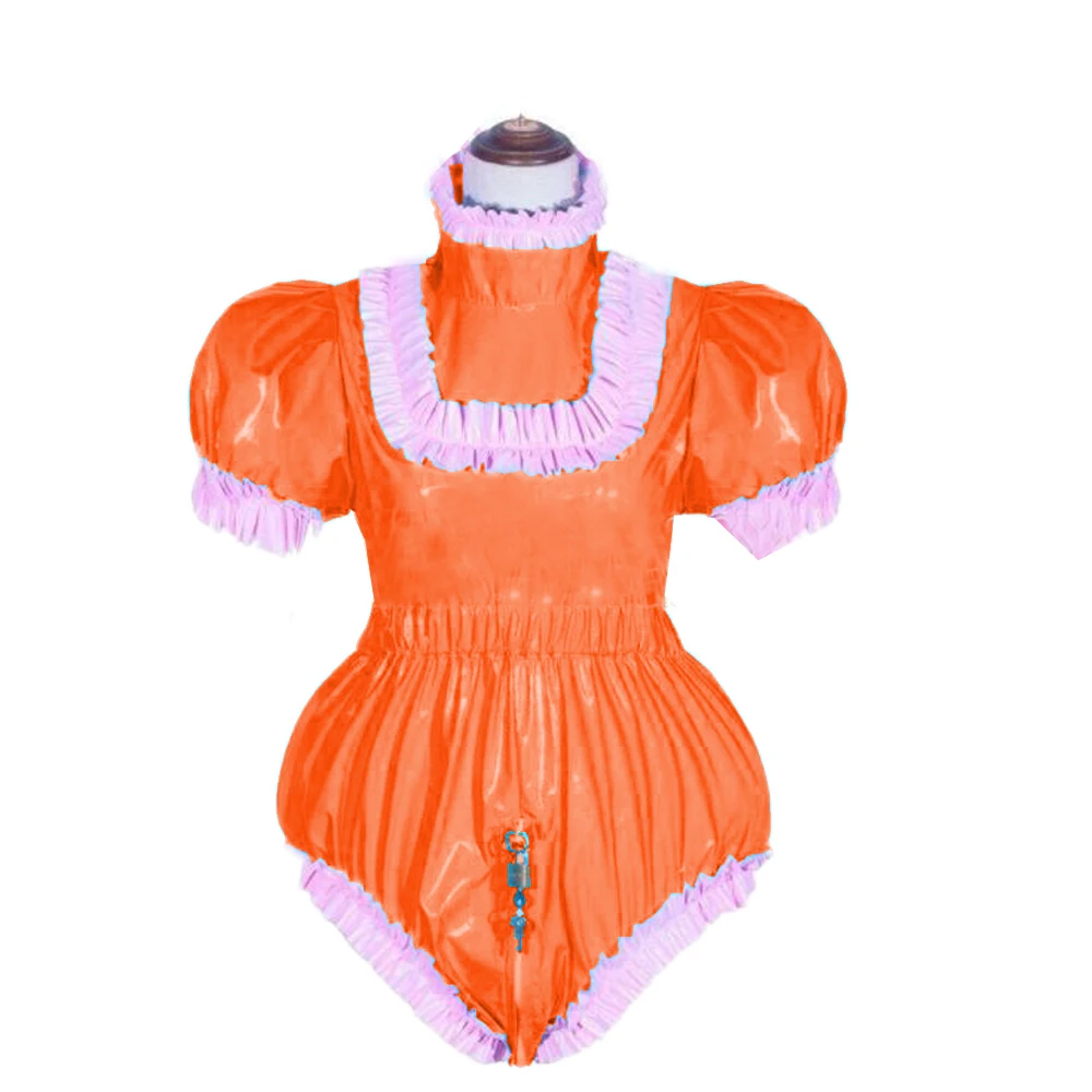 بدلة للجسم سيسي قابلة للقفل بأكمام قصيرة منتفخة من مادة PVC للبالغين زي خادمة فرنسية وسحاب خلفي إلى المنشعب بياقة مدورة متقاطعة 7XL #5