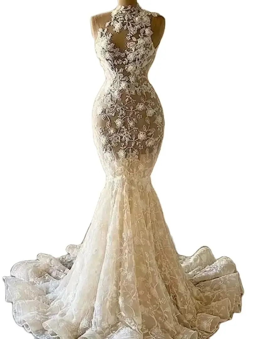 رائع حورية البحر فساتين الزفاف ثوب الزفاف الدانتيل زين مثير مخصص الرقبة العالية الشريط عارية الذراعين الشاطئ فيستدو دي نوفيا #5