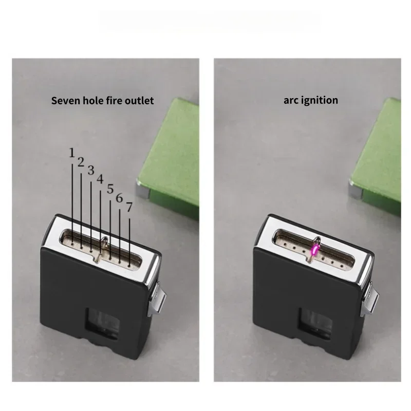 Ultra Wide Open Fire Seven Hole Outlet Butane Gas Lighter LED Visible Gas Window Gravity Sensing Shake Ignition Electric Lighter