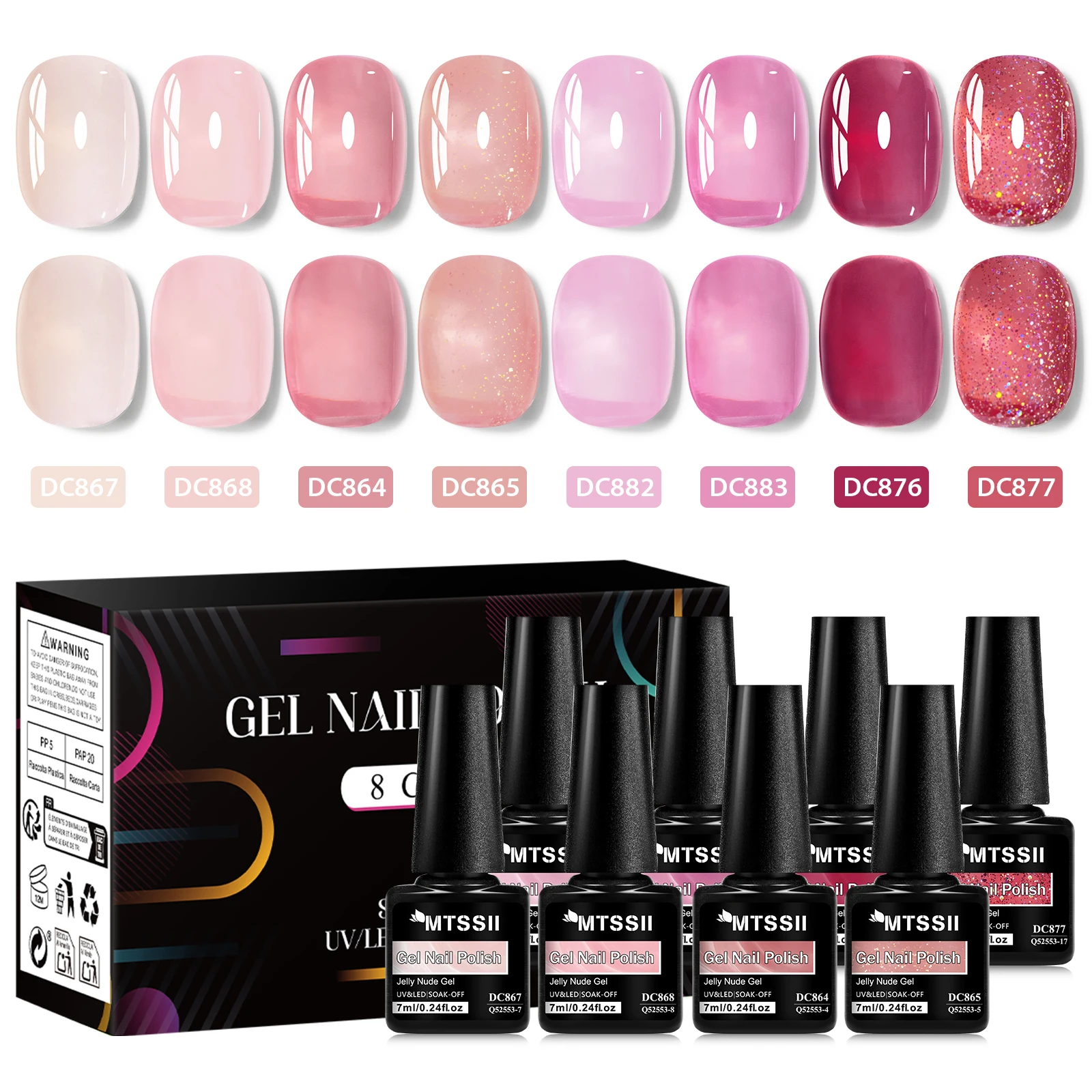 Zestaw 8 szt. Nude Jelly Gel Lakierów do Paznokci z Pudełkiem, Półprzezroczyste Kolory, Półtrwały Soak Off UV LED Żelowy Lakier do Paznokci, Akcesoria do Manicure