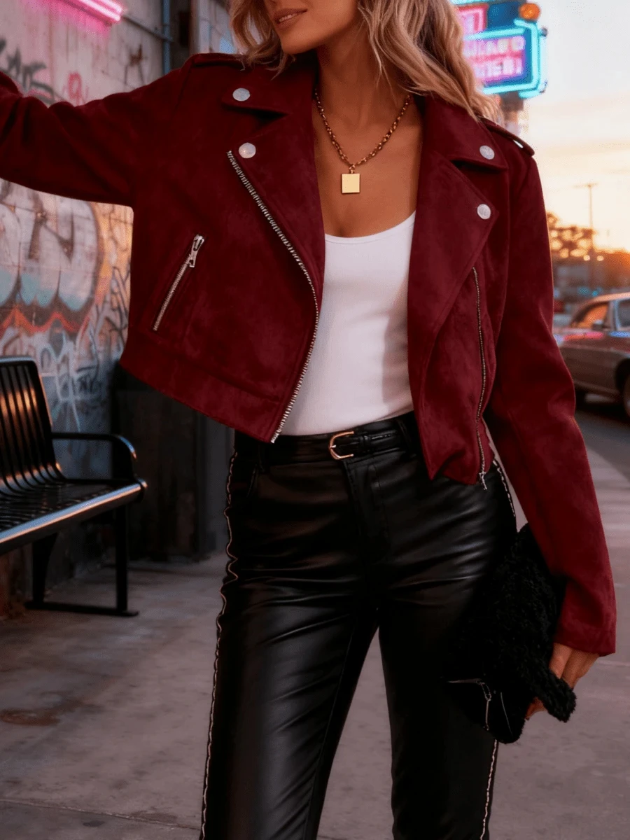 Giacca da motociclista in finta pelle scamosciata con cerniera risvolto corto stile moto manica lunga capispalla corto per streetwear casual autunno inverno