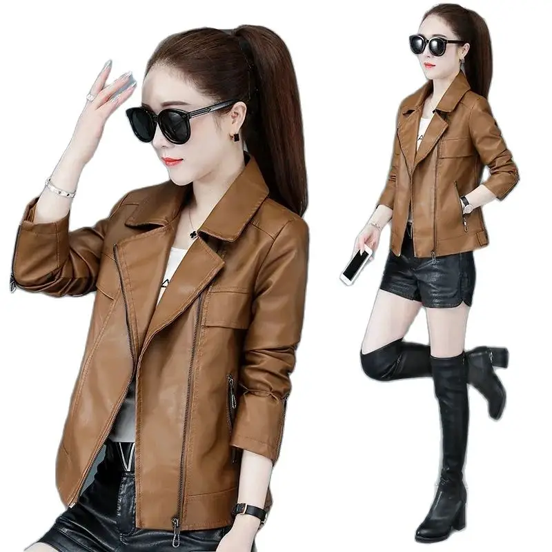 Spring Autumn Leather Jacket Women Long Sleeve Slim Fit Zipper Basic Coat Turn-Down Collar Motor Biker Short Outcoat Female