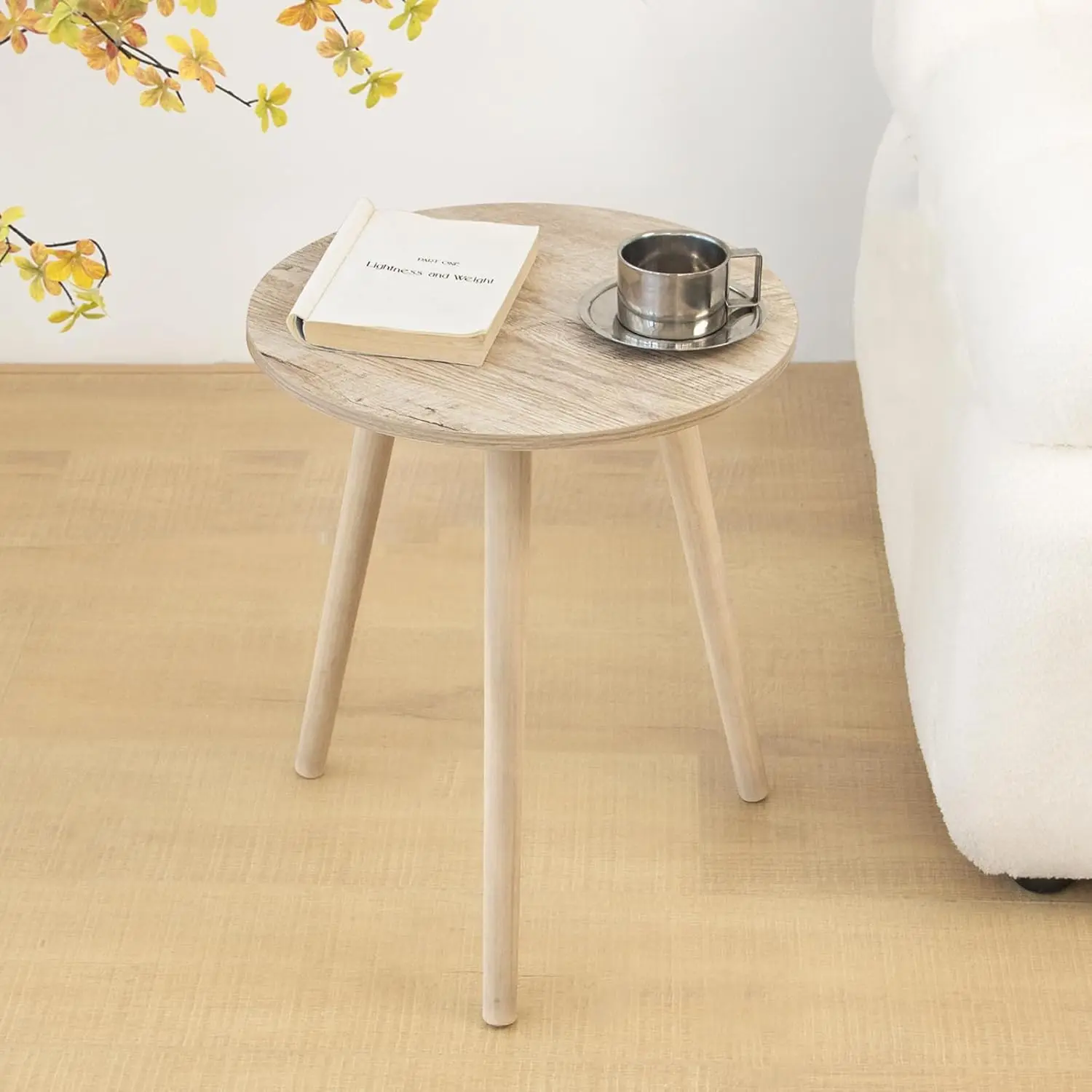 Round Side Table, Modern Small End Table for Living Room, Wood Accent Drink Table for Small Space with Solid Wood Legs, Easy