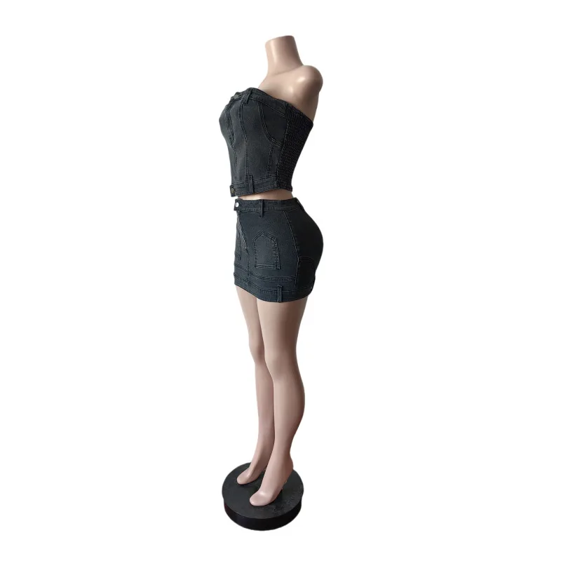 2026 Sommer Neu Heiß begehrtes trägerloses Bodycon Stretch-Jeans-Minirock-Set – Elegante Damen-Denim-Zweiteiler-Outfits – Detail 6