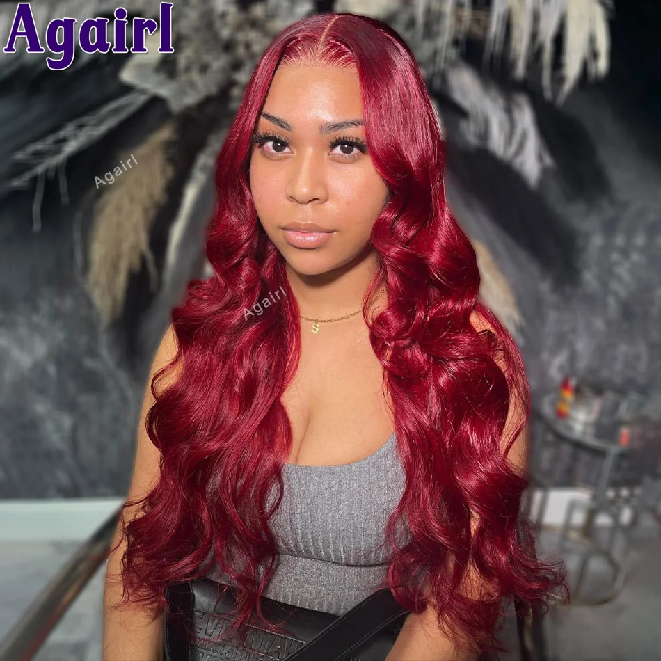 

Transparent 13x6 13x4 Body Wave Lace Frontal Human Hair Wigs Cherry Red Ready To Go 6X4 Lace Closure Wigs 200% For Women 34Inch