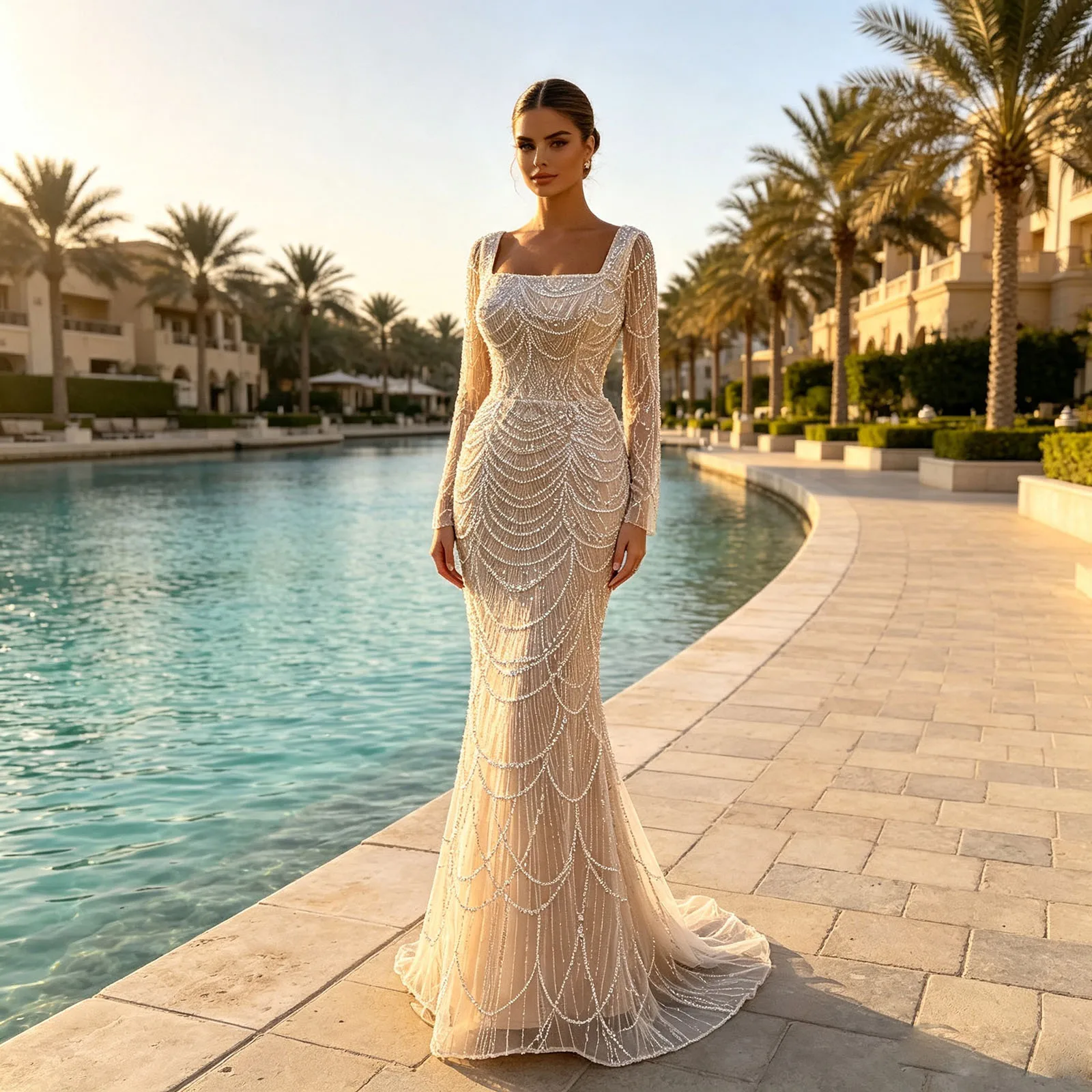 Elegantes Meerjungfrauen-Abendkleid mit Perlen für Damen 2026 – Luxuriöses Dubai-Arabien-Kleid mit langen Ärmeln für formelle Anlässe, Abschlussbälle und Hochzeiten, individuell anpassbar