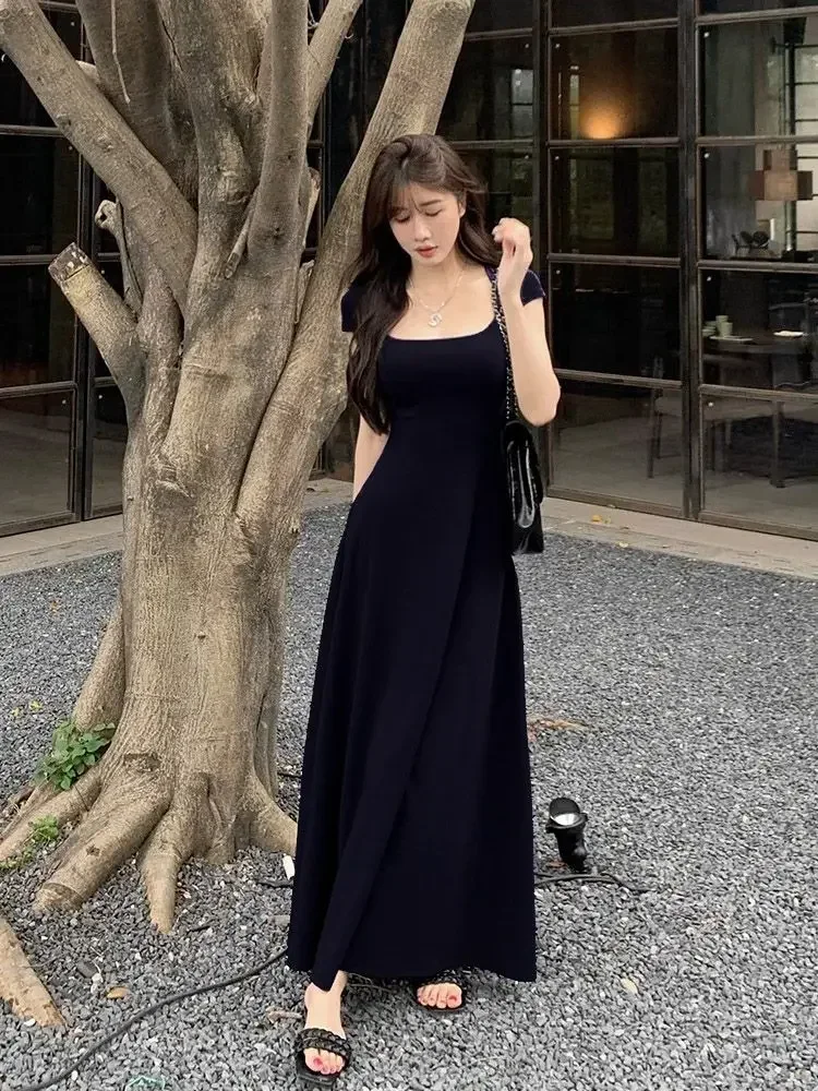 PTKPCC New Summer Waist-fitted Elegant French Style Women's Grey Short Sleeve Tank Dress Long Dress  Sexy Dress