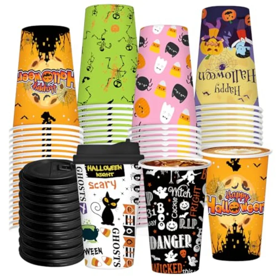 

96 шт., 48 комплектов одноразовых кофейных чашек на Хэллоуин, одноразовые бумажные стаканчики на 12 унций с крышками в 6 стилях Хэллоуина для сервировки кофе S