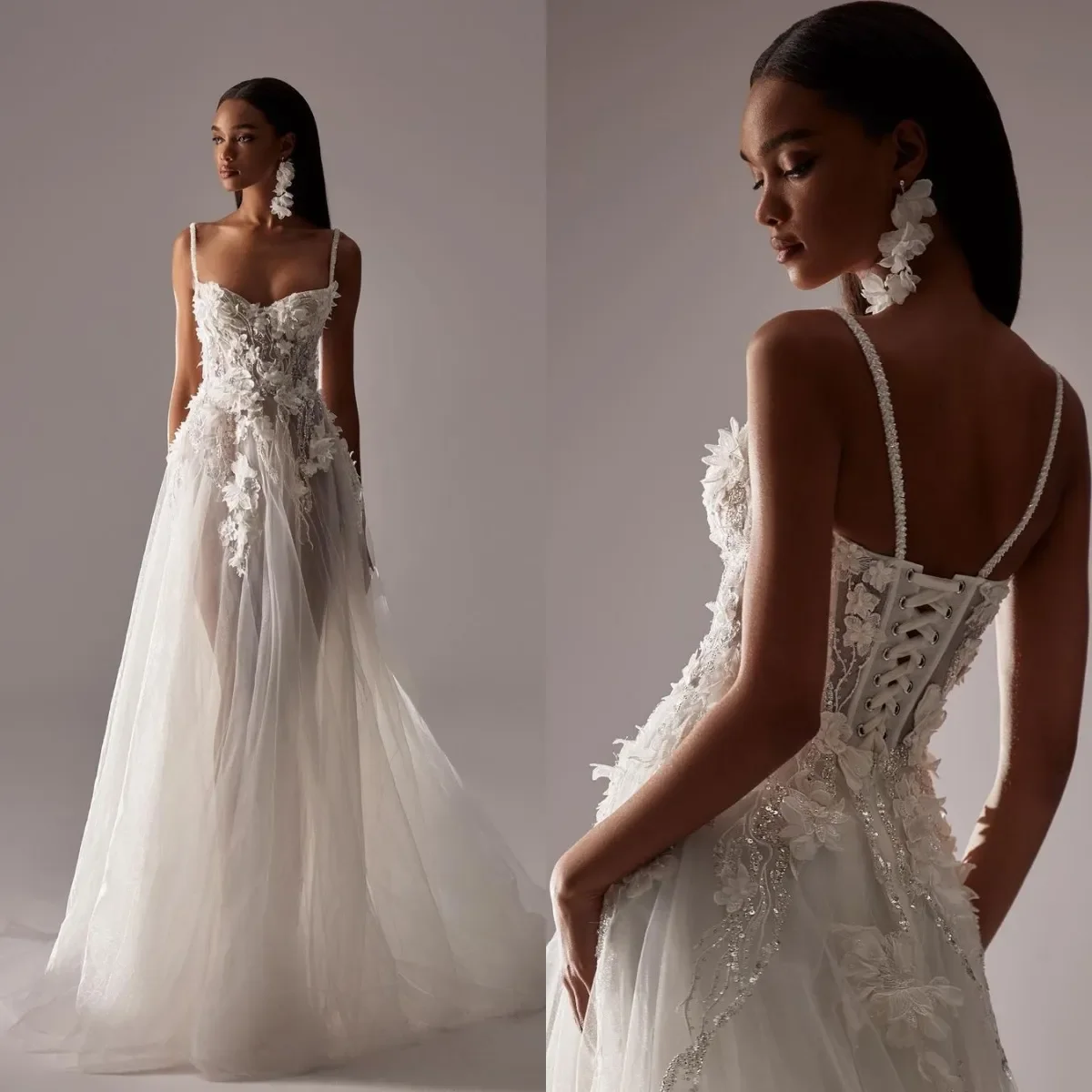 Vestidos de novia elegantes con apliques florales 3D, vestidos de novia con tirantes finos, transparentes, hechos a medida, talla grande