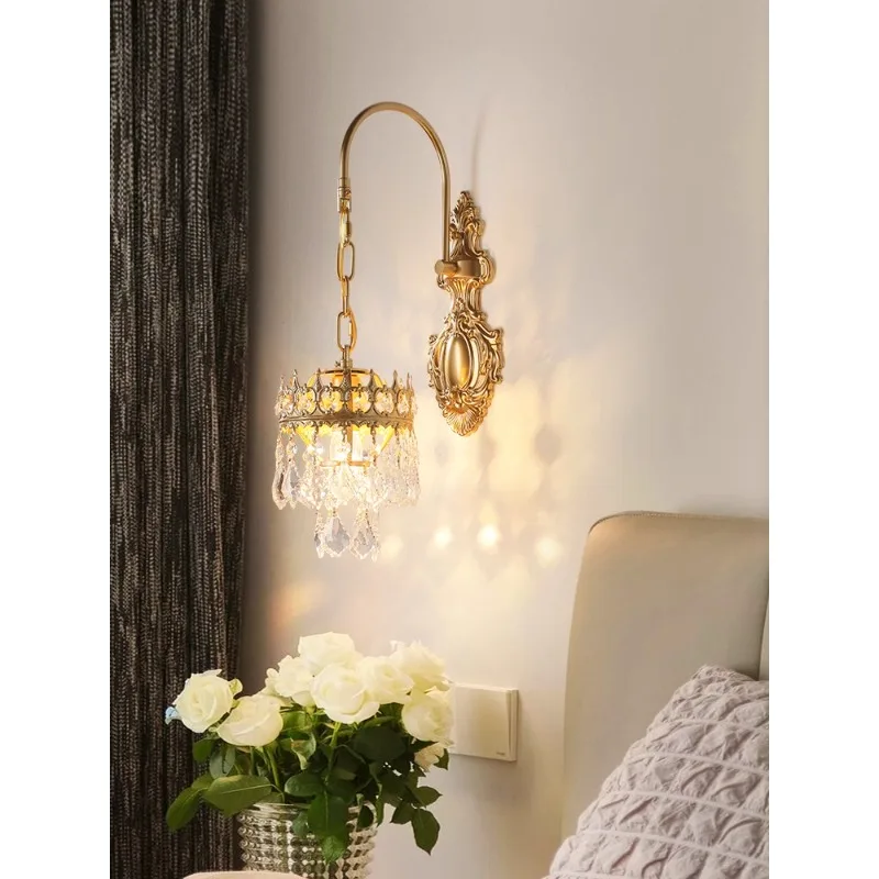 

French classical crystal American country wrought iron light luxury bedroom living room aisle corridor room bedside wall lamp