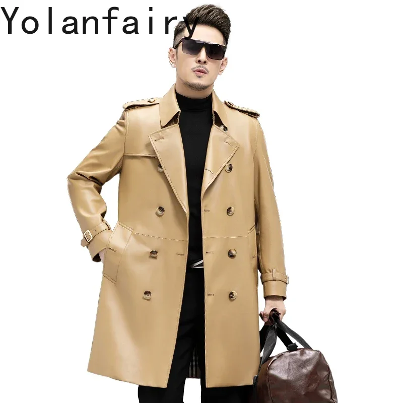 YOLANFAIRY High End Genuine Leather Jacket Men Fashion Sheepskin Trench Coat Slim Leather Coat Men's Long Coat Autumn Winter