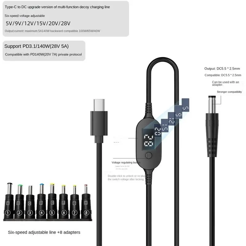 Highly Recommended U SB C PD To DC 5V 9V 12V 15V 20V 28V Adjustable Voltage Power Boost Cable 140W Universal Adapter Cord For