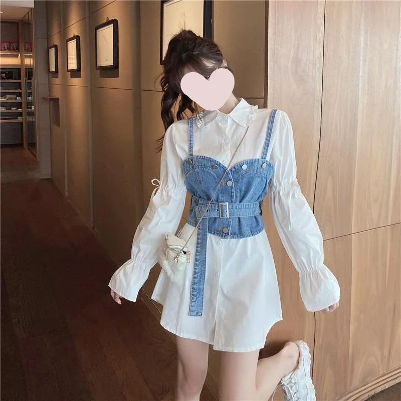 

Spring 2022 New Lace Bubble Sleeve Mid Length Shirt Skirt Denim Sling Tank Top Two Piece Set Women Fashion Clothing