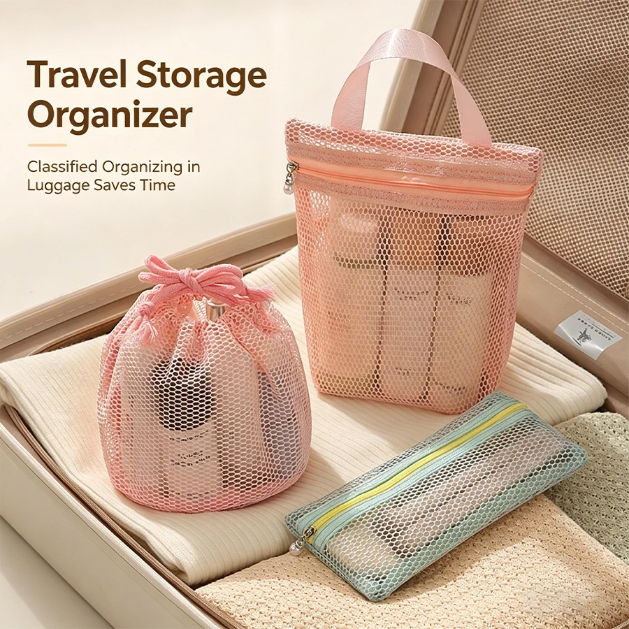 Large Capacity Mesh Fabric Breathable Desk Storage Bag for Miscellaneous Items - Visible Makeup Bag - Drawstring