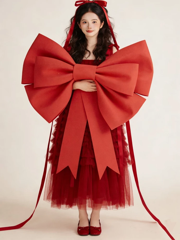 

New Year Photoaphy Red Tulle Skirt Sweet Girl Artistic Reportage Photoaphy Clothing Polyester Fabric Ethnic Stage Costume