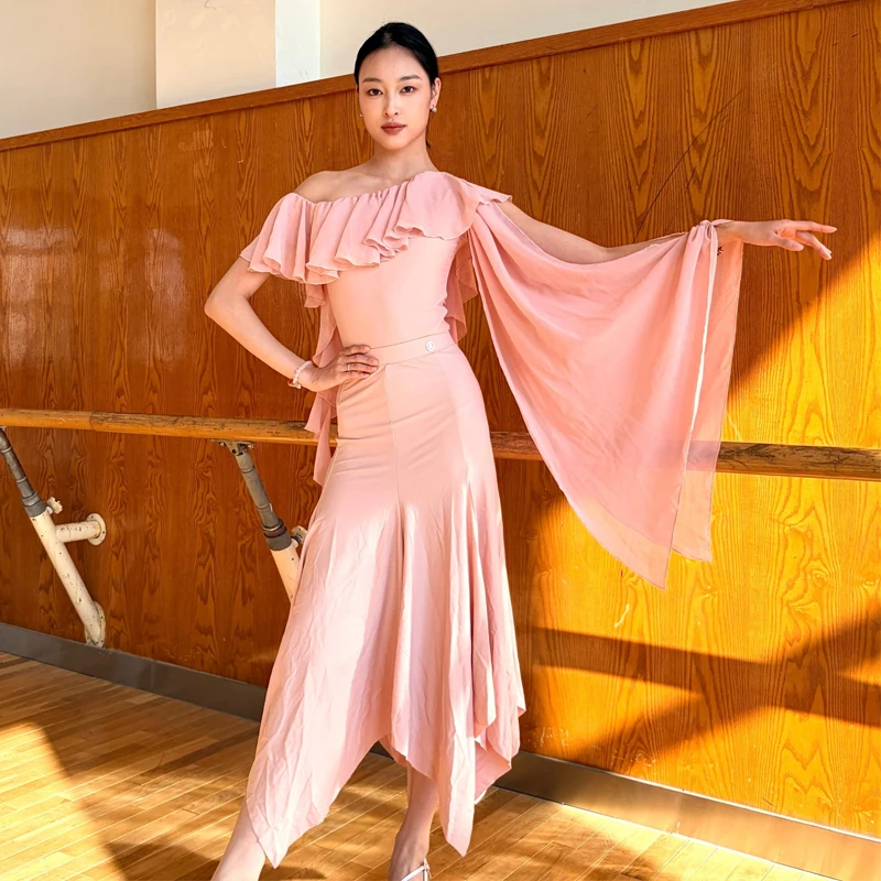 Adultos roupas de competição de dões latinos manga irregular babados saias superiores mulheres samba dança de salão desempenho wear sl14568