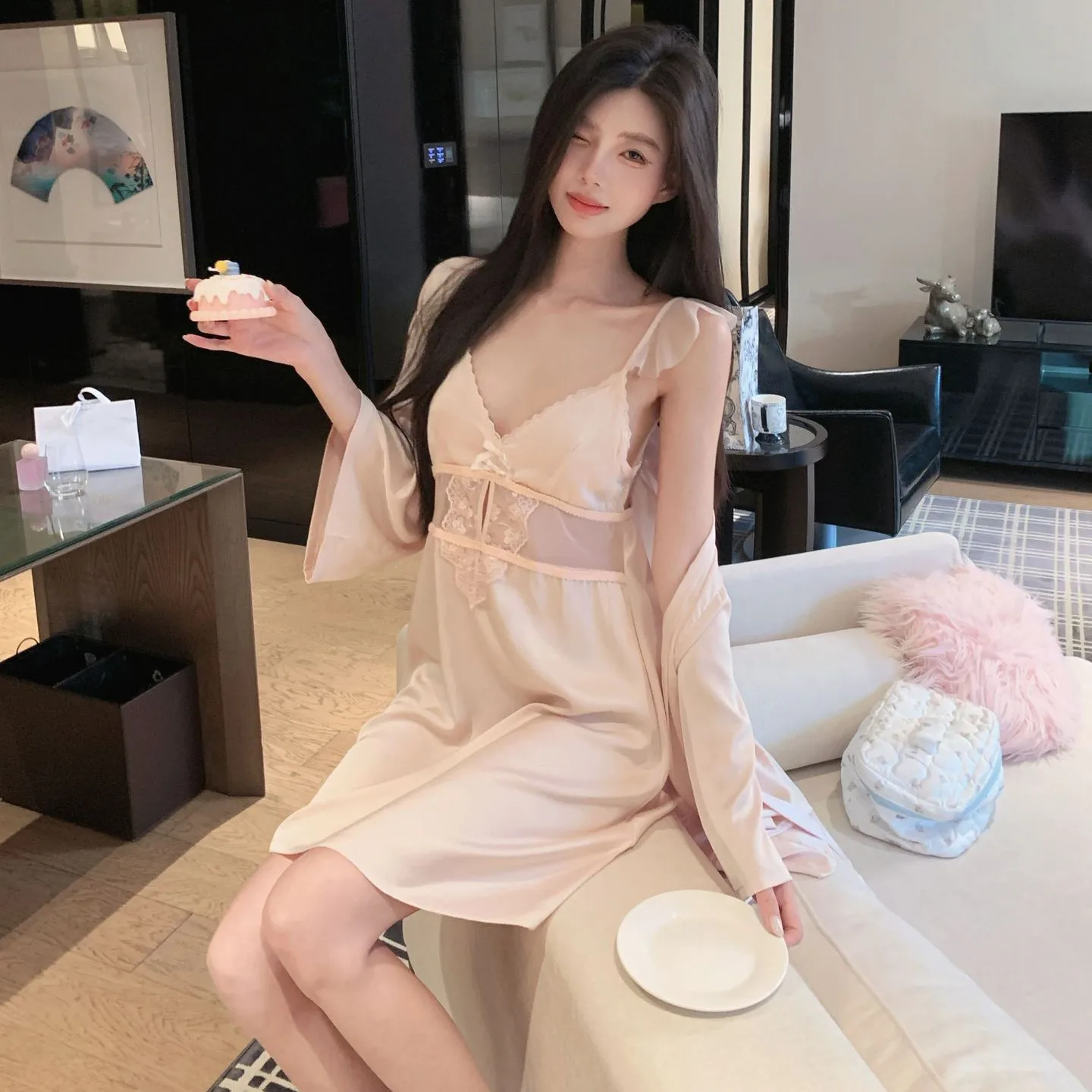 

Женский комплект из двух предметов: сексуальный кружевной пеньюар с вставками, ночная сорочка, весенне-летний халат-кимоно, атласное домашнее платье