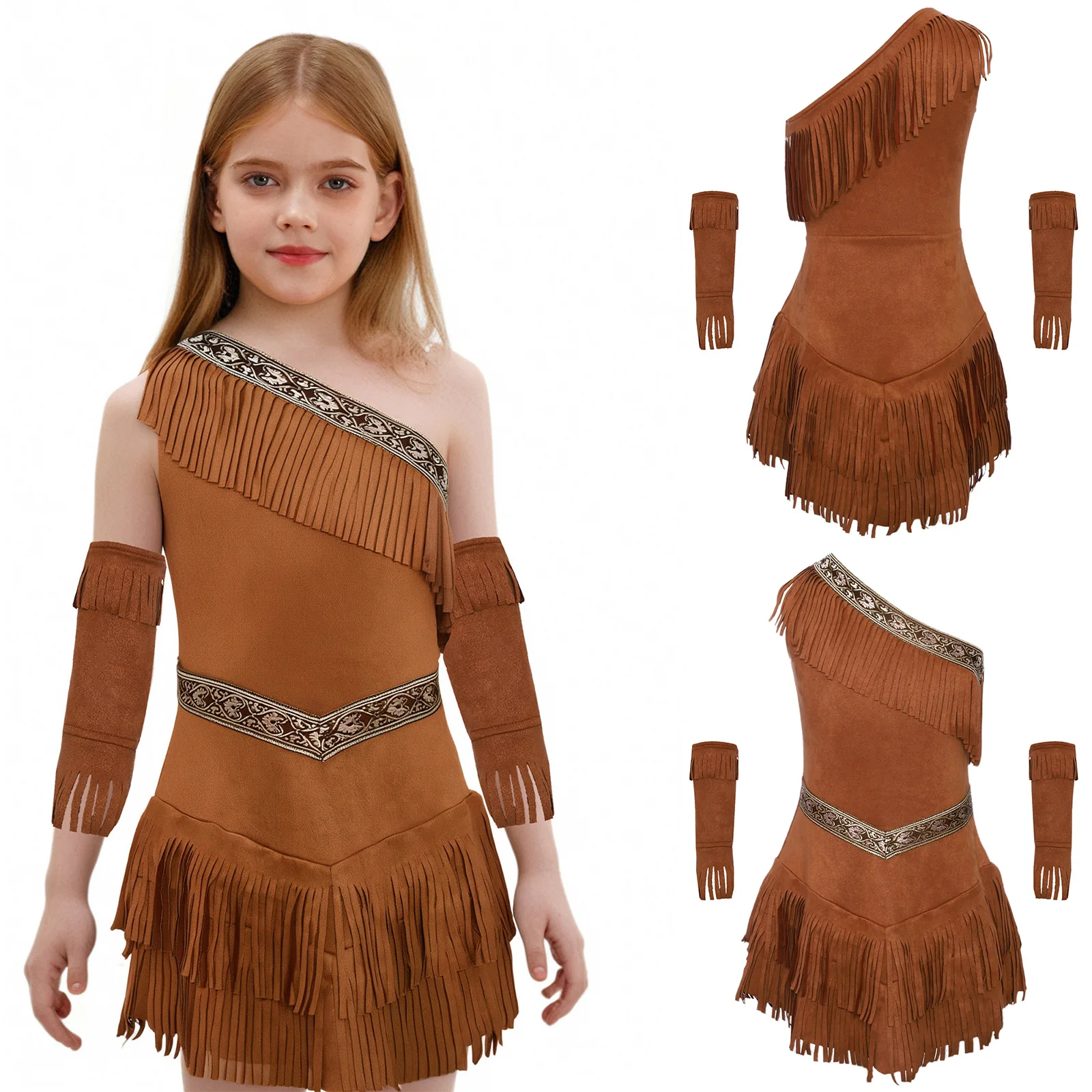 

Girls Indian Indigenous Costumes Indians Princess Dress Caveman Savage Halloween Fancy Dress Up Suede Dress And Tassel Sleeves