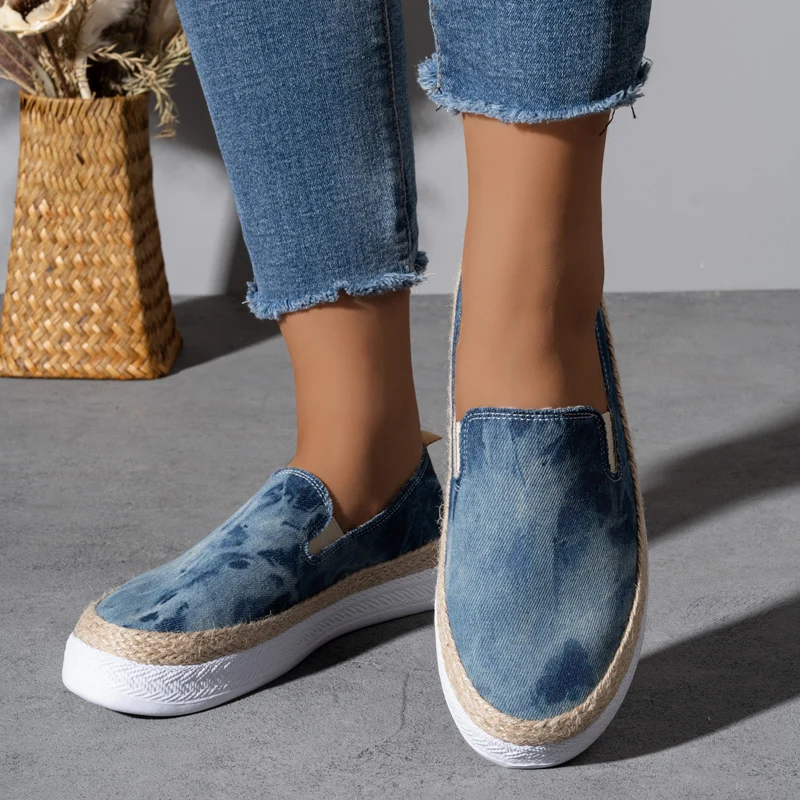 Casual Stripe Canvas Shoes Woman Thick Sole Slip-on Espadrille Sneakers Ladies Sailor Style Vacation Linen Loafers