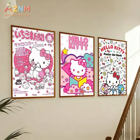 AZNM Hello Kitty Kawaii Sanrio Canvas Wall Art, Cute Cartoon Cat Unframed Print Poster, Pink Retro Magazine Style Themed Canvas