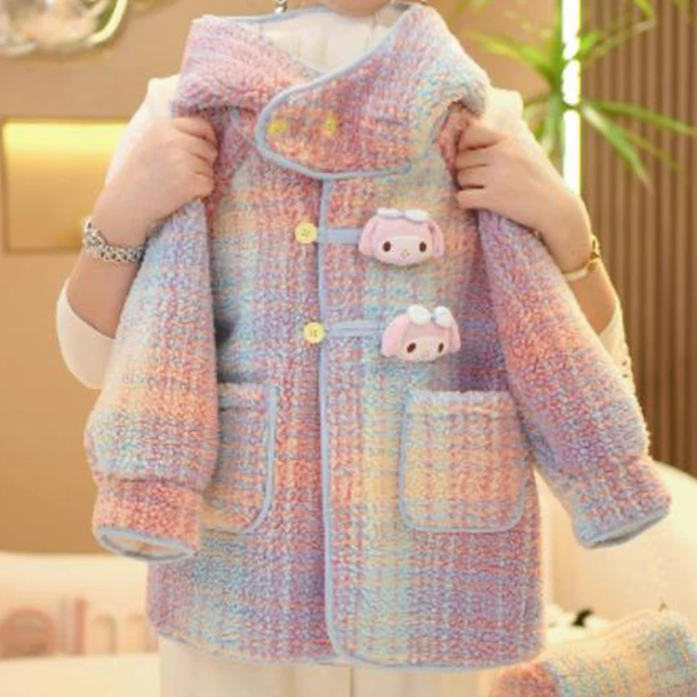 

Бархатная куртка Sanrio в стиле аниме Melody для девочек, флисовая детская модная толстая куртка с героями мультфильмов Kawaii, детская зимняя одежда, подарки, теплый топ