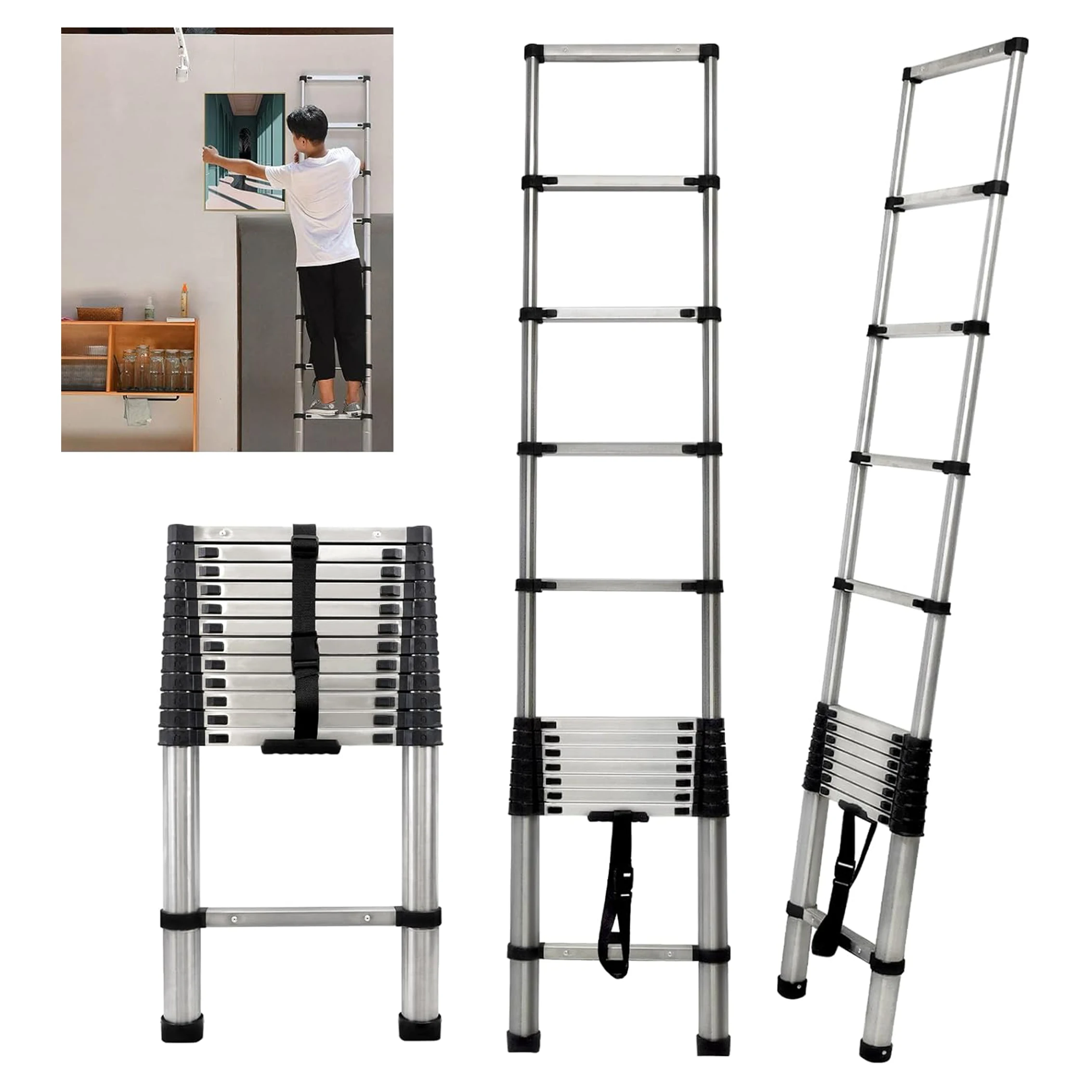 Escalera Telescópica, Extensible de 2.6m/3.2m/3.8m/5m, Resistente, Capacidad de 330lbs, Plegable Multiusos para RV o Trabajo al Aire Libre